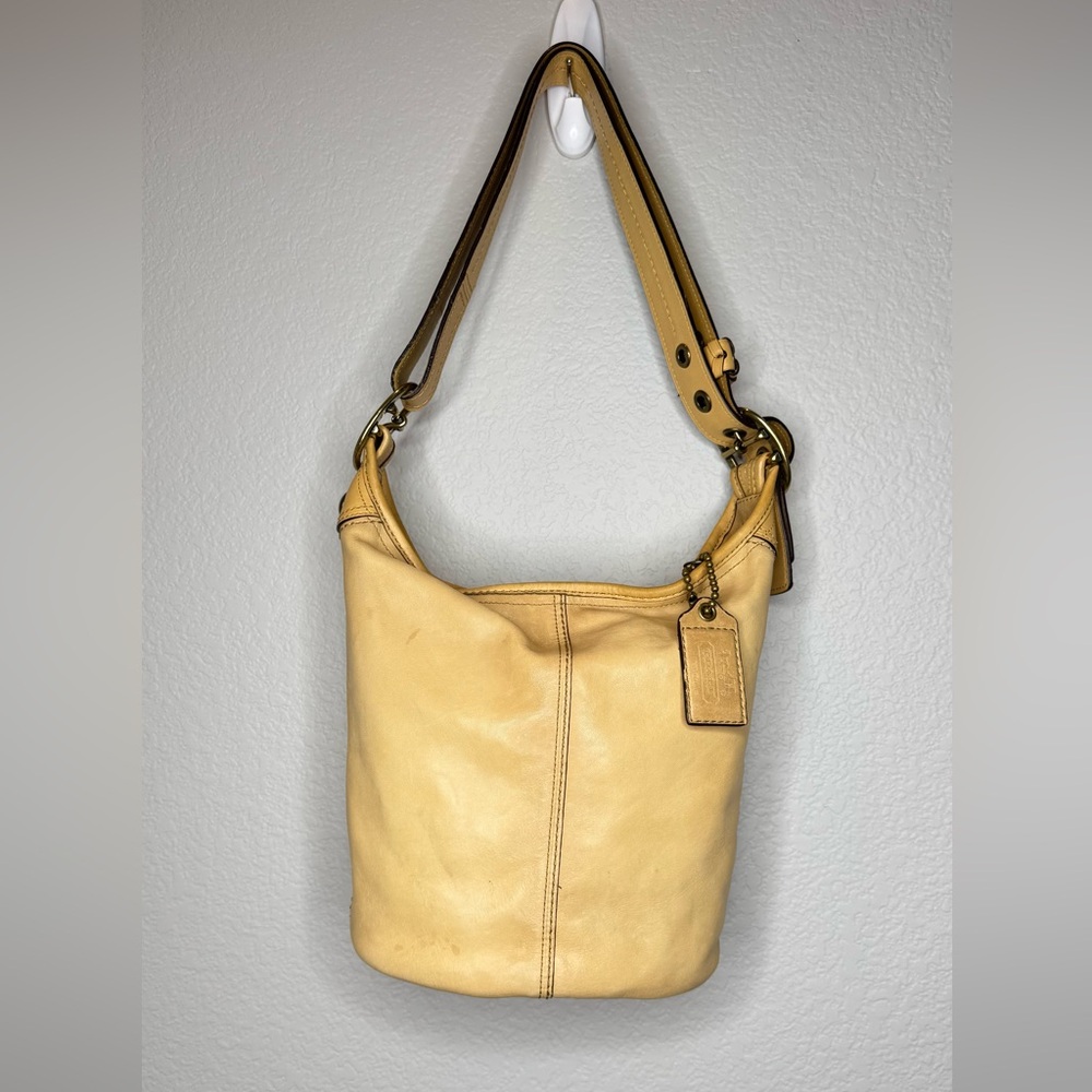 Vintage Coach Bleeker Duffle Bucket Bag Yellow Leather Buckle Strap